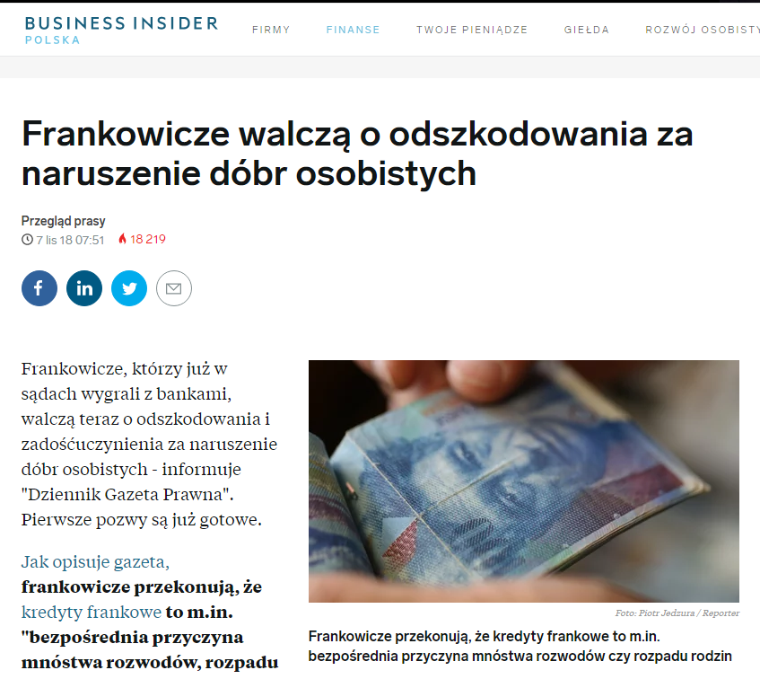 Frankowicze walczą o odszkodowania za naruszenie dóbr osobistych