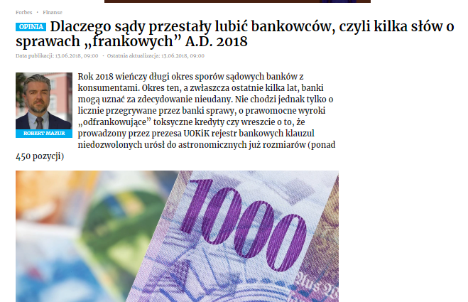 Dlaczego sądy przestały lubić bankowców, czyli kilka słów o sprawach „frankowych” A.D. 2018